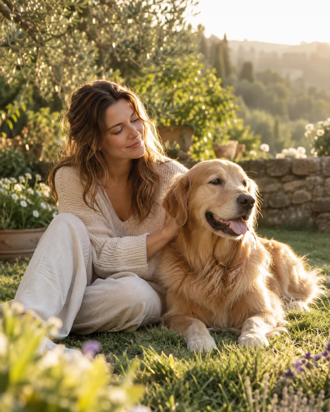 Woman sitting with a golden retriever in a sunlit garden