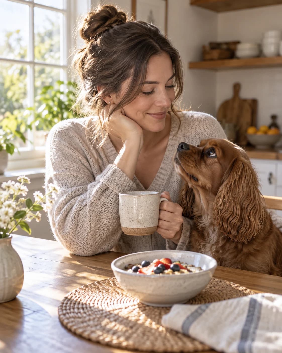 Woman with a small dog at a sunny breakfast nook