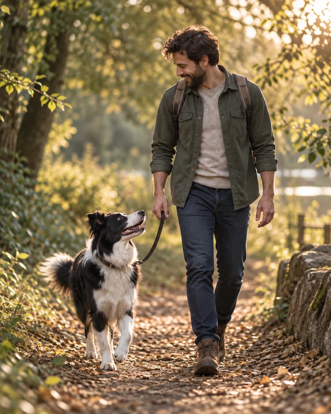Man walking with a border collie on a leafy trail