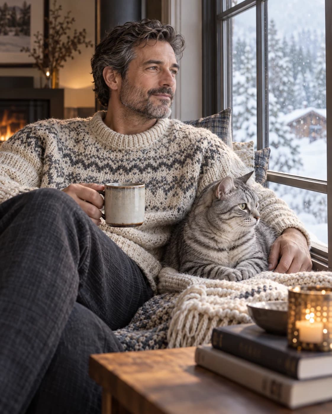 Man with a silver tabby cat beside a snowy window